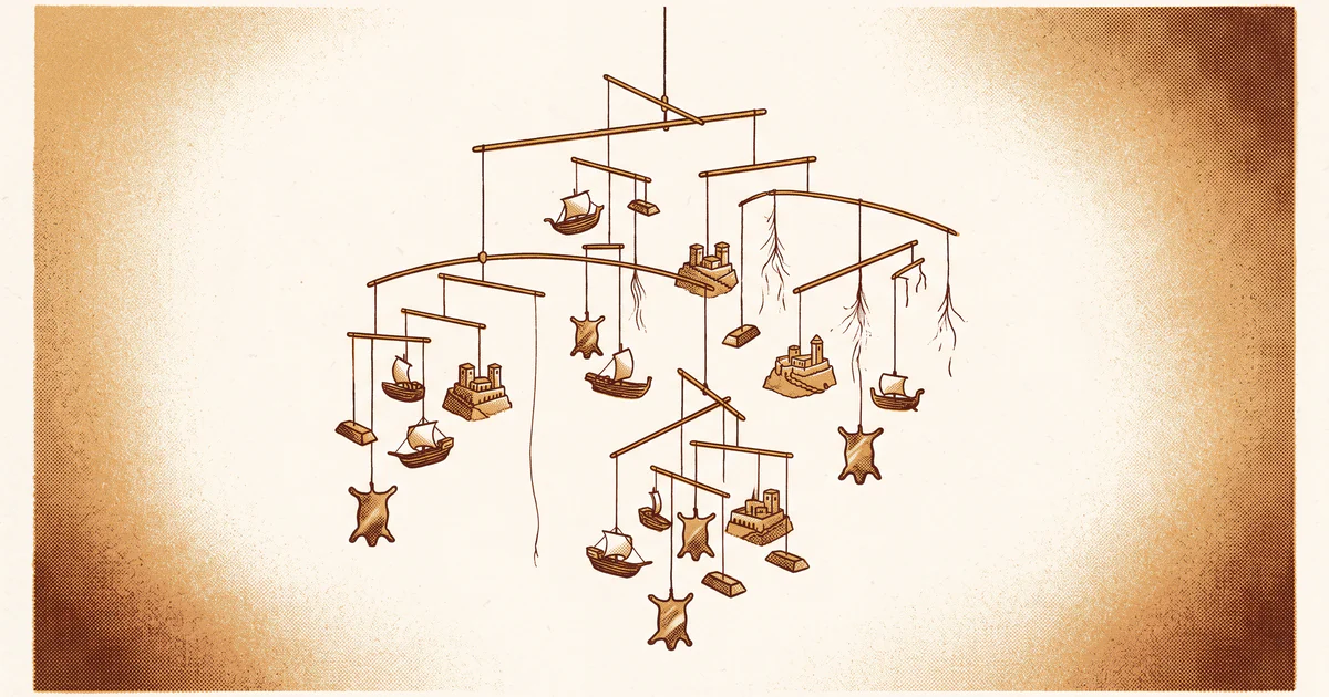 A hanging mobile of tiny ships, palaces and ingots stays balanced with one ship missing while several threads fray at once.
