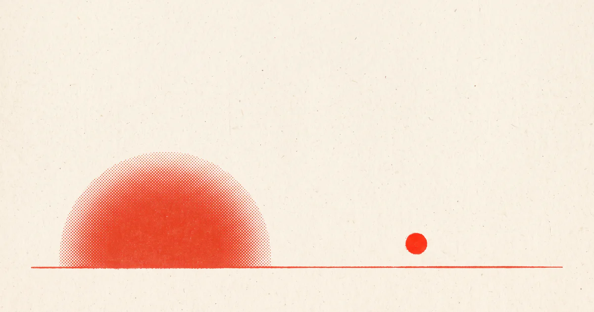 A large halftone circle sinking below a horizon on the left, with a small bright dot rising just above it on the right.