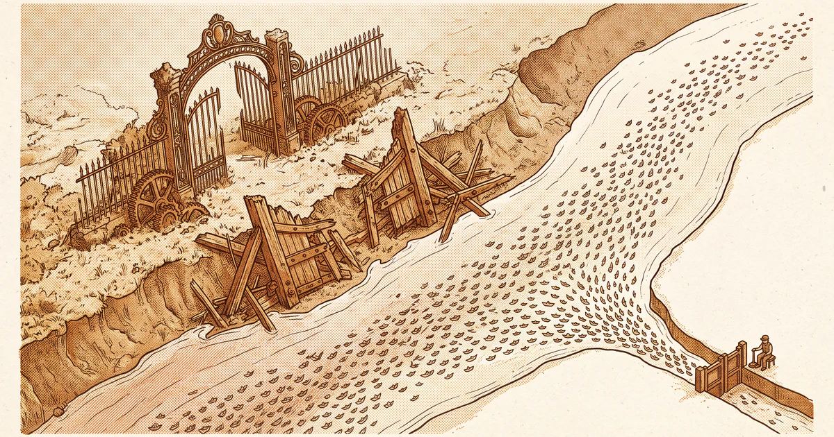 Paper boats crowd a river toward one small lock gate with a seated gatekeeper; broken, larger old gates lie on the banks upstream.