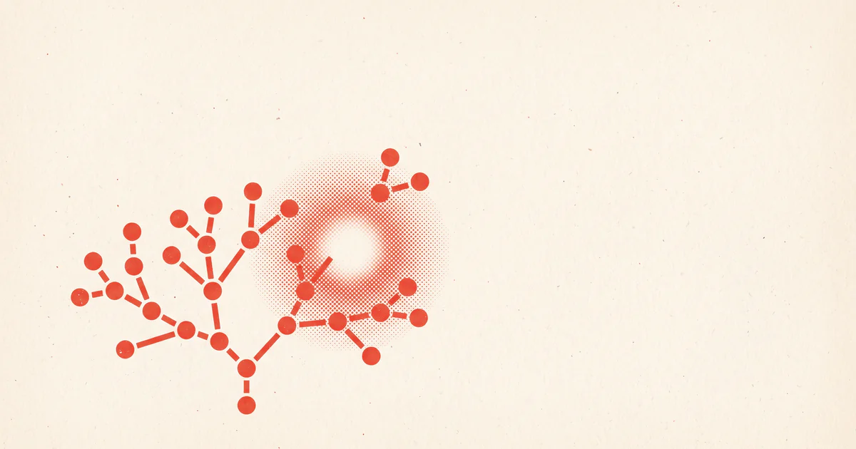 A sparse tree of red dots joined by short strokes; one small branch hovers just above the gap it was lifted from.