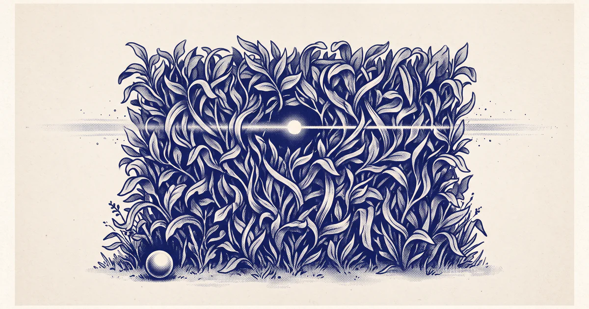 A small glowing bead passes straight through a dense leafy hedge while a slightly larger twin bead waits at its foot.