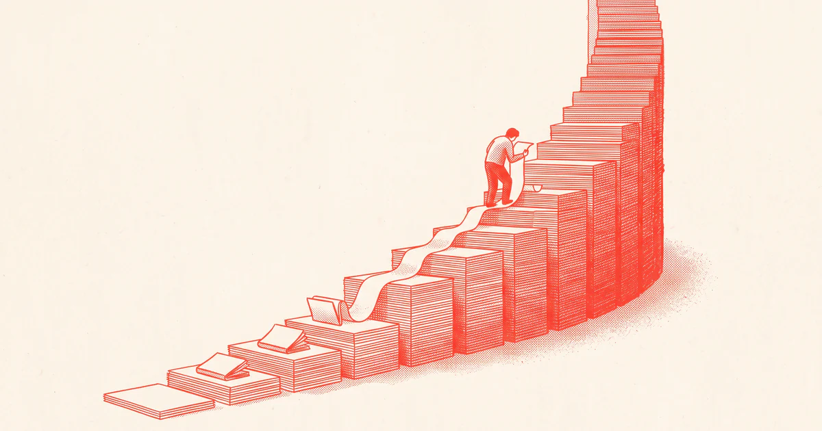 A small figure climbs a staircase made of ever-taller paper stacks, re-reading a long scroll that trails down to the first step.