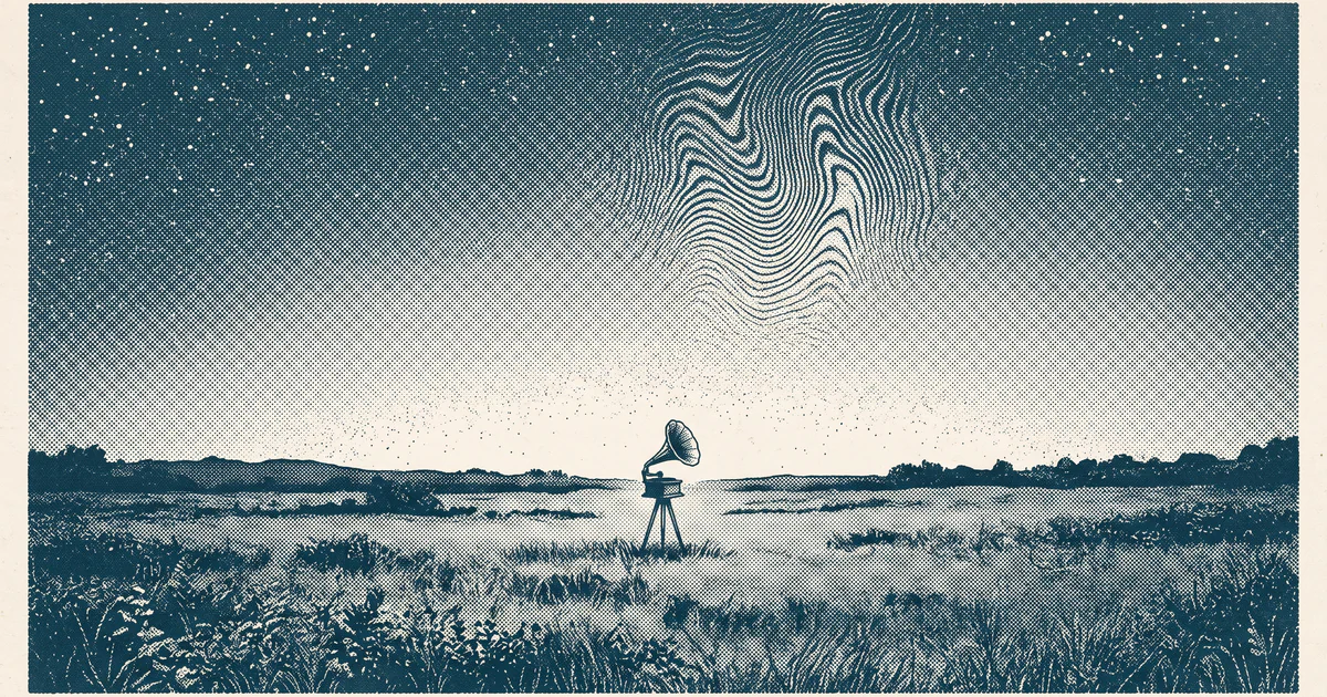 An antique gramophone horn on a tripod points at a starry night sky in which one patch ripples with a faint heat shimmer.