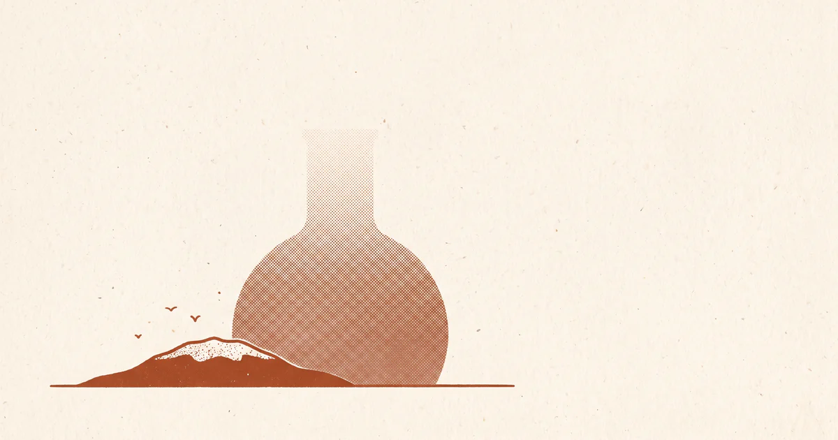 A small island crusted white under a few seabirds, with a laboratory flask rising behind it like a sun.