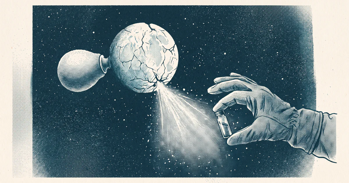A small icy moon shaped like a perfume atomiser sprays mist from its pole while a gloved hand holds a glass vial in the plume.