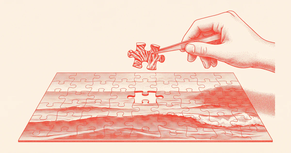 Tweezers hold a jigsaw piece above a seascape puzzle; the piece fits the gap's shape but shows striped fur from another picture.